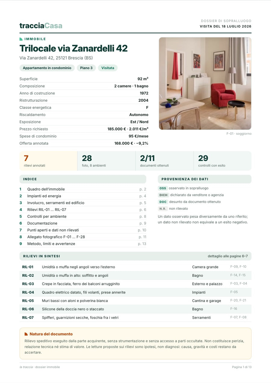 Prima pagina del dossier: copertina, dati dell'immobile e indice