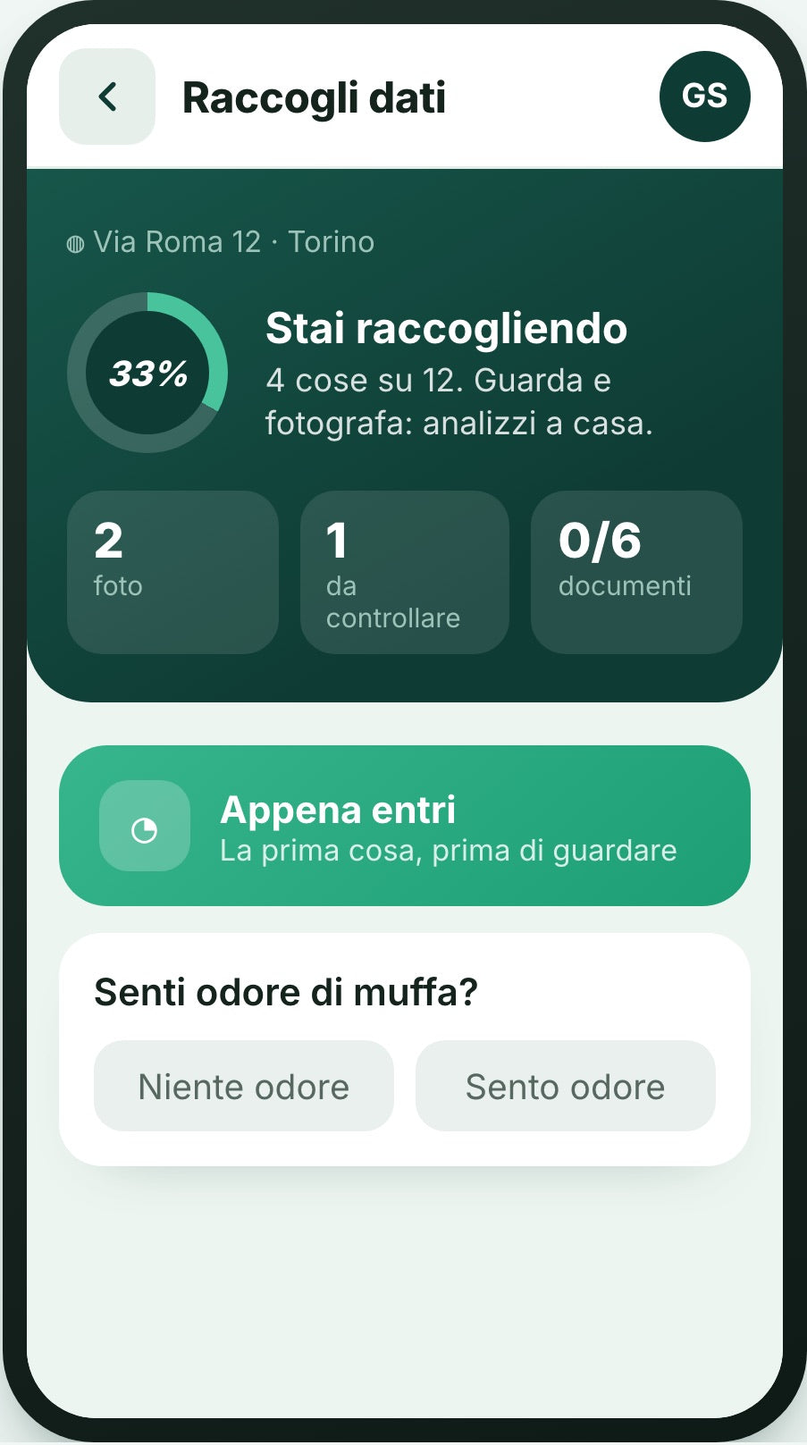Schermata di raccolta dati in visita, con la domanda sull'odore di muffa