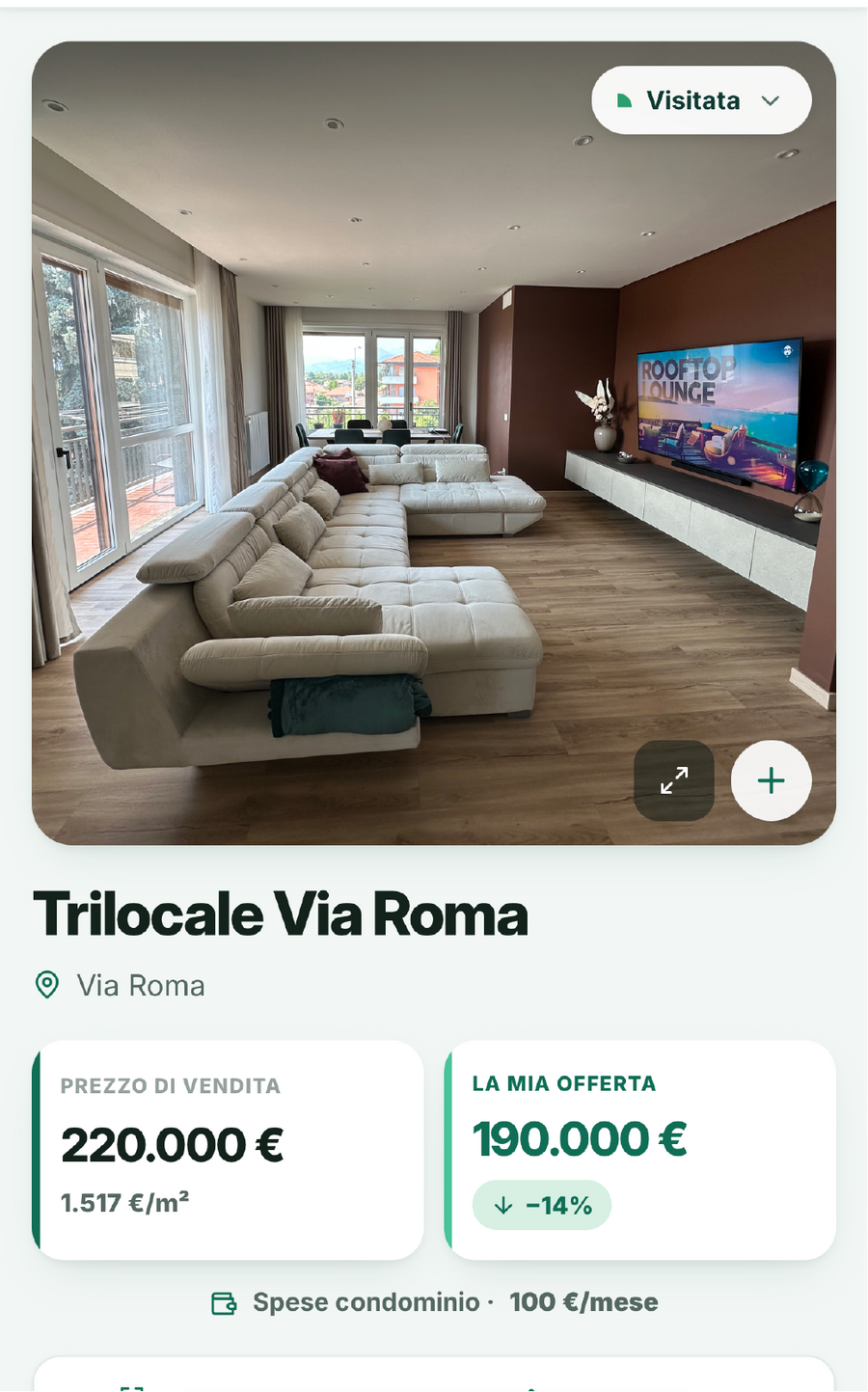 Scheda di una casa dentro TracciaCasa, con prezzo di vendita, offerta e punti da controllare